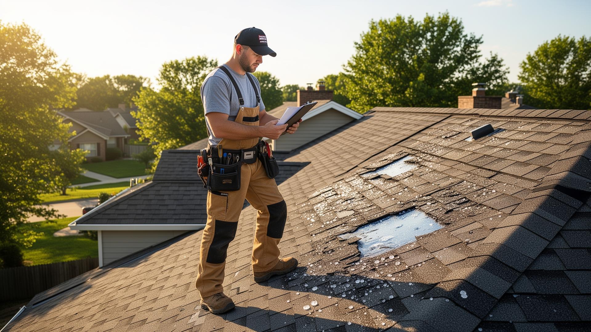 RSG Construction team member on a roof reviewing storm damage with clipboard